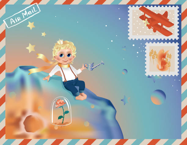 istock The Little Prince on his planet, asteroid known as B612. Little boy sitting with watering can near rose. Greeting or baby shower post card with stamps with little fox and airplane. 1163522191