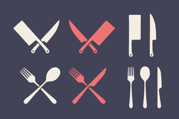 ilustraciones, imágenes clip art, dibujos animados e iconos de stock de conjunto de cocina vintage. juego de carne cortando knive, tenedor, cuchara - cuchillo