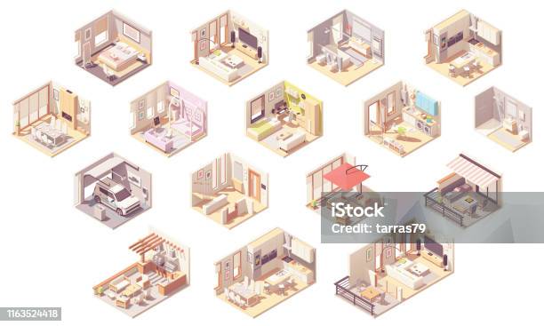 Kamar Rumah Isometrik Vektor Ilustrasi Stok - Unduh Gambar Sekarang - Proyeksi Isometrik, Rumah - Tempat tinggal, Interior rumah