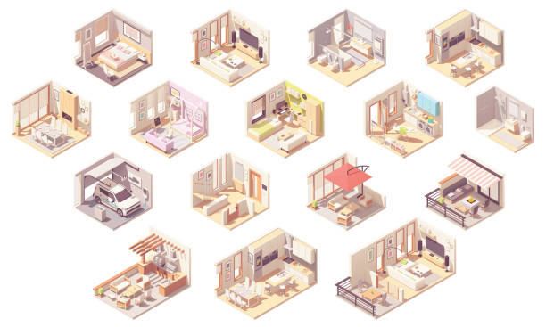 Vector isometric home rooms Vector isometric home rooms. Living room, bedroom, bathroom, balcony and terrace, hall, garage, dining and kitchen, pergola and other domestic room stock illustrations
