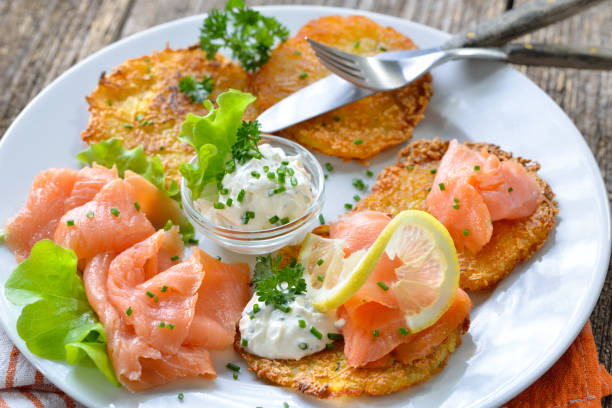 istock Potato pancakes with salmon 1163524474