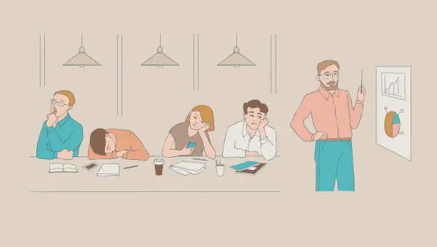 Vector illustration of Vector sketch young bored, tired students set