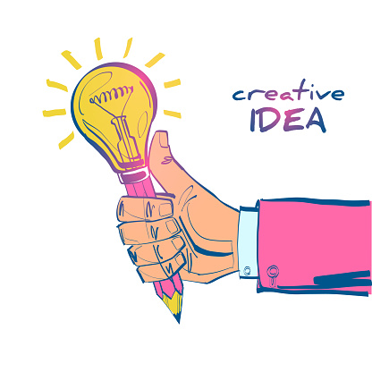 Creative idea concept. Hand holding pencil with bright glowing light bulb. Innovation, solution. Success in education, work project. Vector illustration sketch style. Cartoon design.