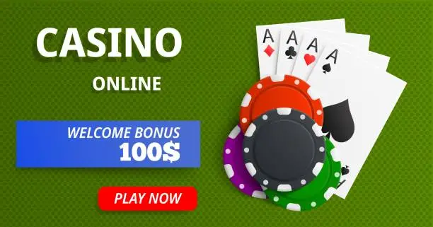 Vector illustration of Casino online banner with green background, chips and cards, four ace. Vector illustration concept.