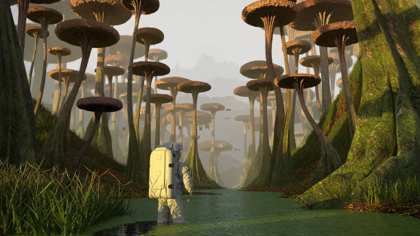 istock astronaut exploring alien planet landscape, mission on exoplanet with strange plants and flying creatures 1163528362