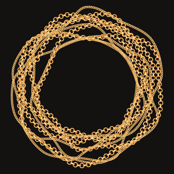 okrągła rama wykonana ze skręconych złotych łańcuszków. na czarno. ilustracja wektorowa - gold chain chain circle connection stock illustrations