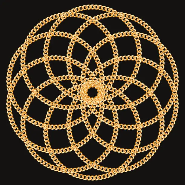 Vector illustration of Round pattern made with golden chains. On black. Vector illustration