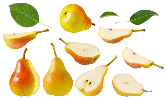 Pear fruit isolated. Set of red yellow ripe juicy whole pears with green leaf and cut into slices isolated on white background