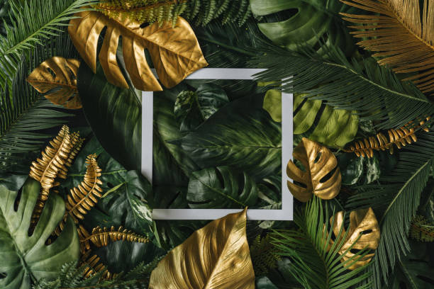 istock Creative nature background. Gold and green tropical palm leaves. 1163533505