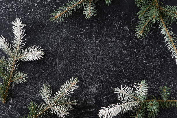 istock Christmas black background with snowy fir tree. Top view with copy space 1163534804