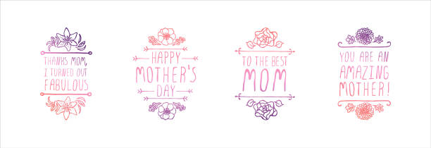 白い背景にロゴのハッピー母の日の手描きのセット - mothers day flower single flower purple点のイラスト素材／クリップアート素材／マンガ素材／アイコン素材