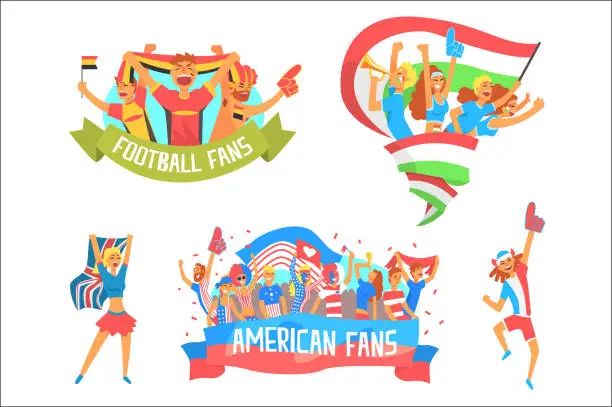 Vector illustration of Cheering Happy Crowds Of National Sport Team Fans And Devotees With Banners And Attributes Supporting