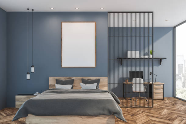 istock Blue bedroom and home office with poster 1163534910