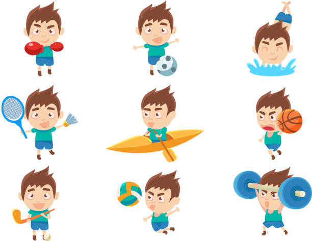 illustrations, cliparts, dessins animés et icônes de kid sportsman faire différents types de sport collectio d'illustrations - amateur tennis