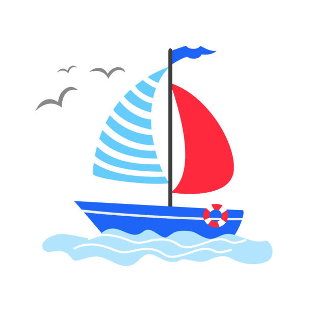 bildbanksillustrationer, clip art samt tecknat material och ikoner med söt tecknad segelbåt på havet bakgrund. - segelsport illustrationer