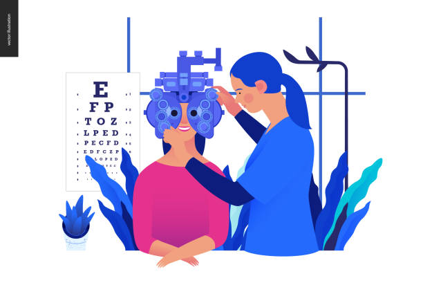 Medical tests template - eye tests and prescription glasses Medical tests template - eye tests and prescription glasses -modern flat vector concept digital illustration of eye test procedure -a female patient and a doctors with phoropter, ophthalmologic office eye test equipment stock illustrations