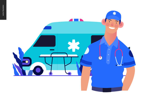 Medical insurance template - ambulance transport and emergency evacuation Medical insurance template -ambulance transport and emergency evacuation -modern flat vector concept digital illustration of a male paramedic and ambulance van. Medical service and insurance paramedic stock illustrations