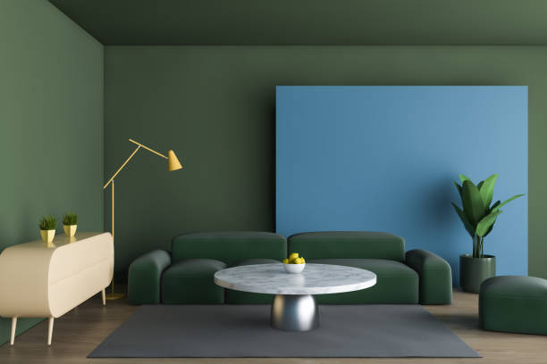 istock Blue and green living room with table 1163536067