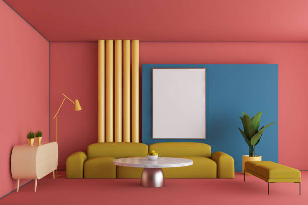 istock Pink and blue living room interior with poster 1163536169