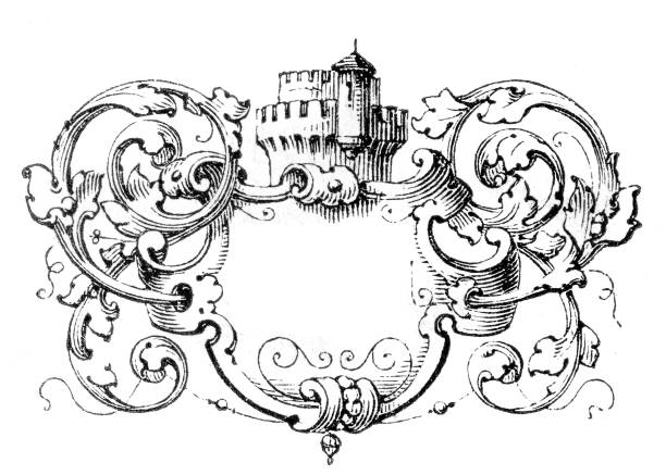 coat of arms like decoration with fictional castle tower Engraving from Agricultural textbook from 1880 about French Farm model castle stock illustrations