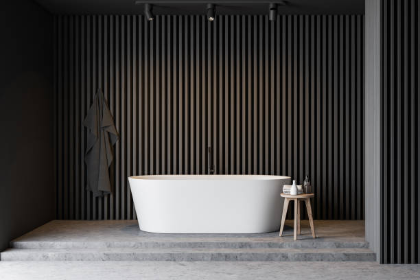istock Gray wooden bathroom interior with tub 1163536805