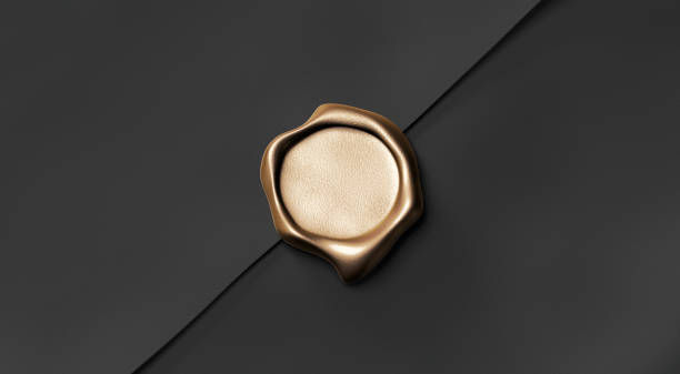 Blank gold wax stamp on paper envelope mockup, top view,