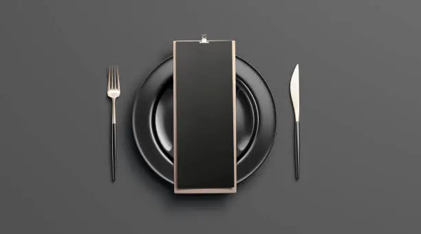 Blank black cafe menu mockup on plate with cutlery, isolated, 3d rendering. Empty tableware with checklist mock up, top view. Clear booklet on wooden holder for breakfast or lunch template.