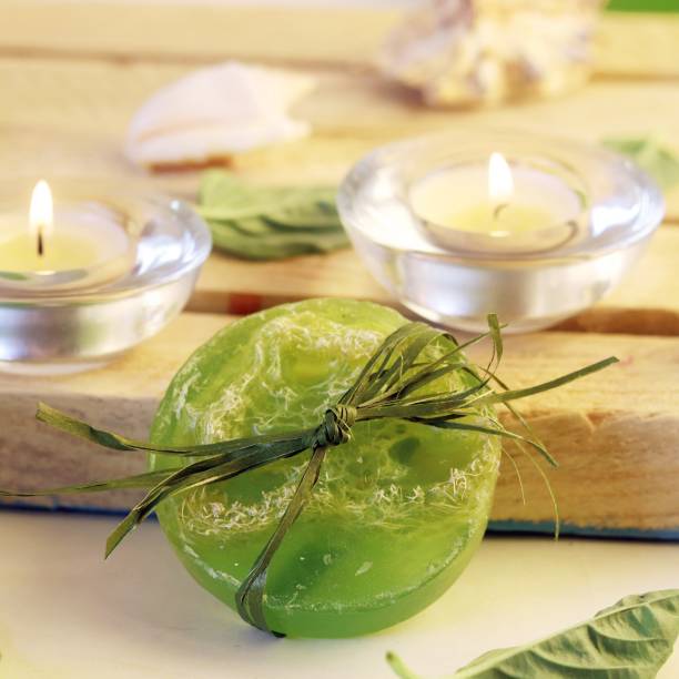 istock Natural soap, candles, sea salt, plants, stones, shells on the table 1163539007