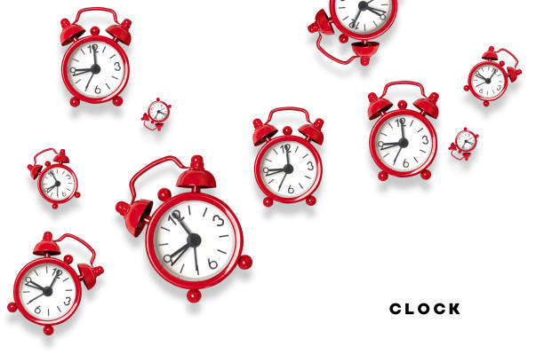 istock Flat lay composition of red alarm clocks pattern on gray background with space for text. Flat lay, top view 1163541704