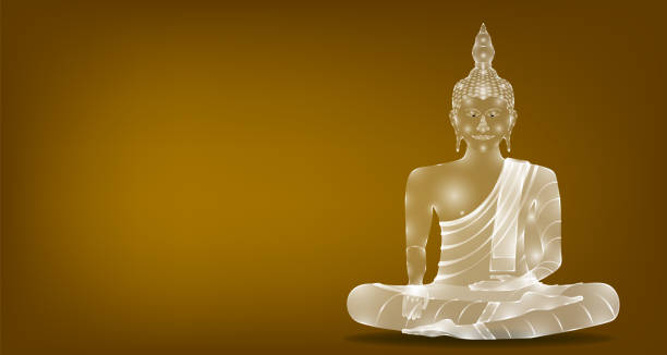 istock luxury white glass monk phra buddha sitting meditation for pray concentration composed release. colorful background. vector illustration eps10 1163542788