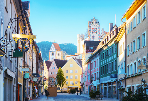 Old part of the city of Fussen  in beautiful sunny morning  after New Year's Eve,  Bavaria, Germany