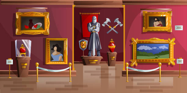 Museum exhibition room cartoon vector illustration Museum exhibition room cartoon vector illustration. Palace interior, art gallery of medieval castle, empty hall with ancient portraits, knight armor statue and ancient weapons on wall, game background art museum illustrations stock illustrations