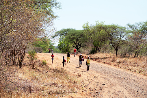 Mola,Kariba,Zimbabwe - December 08, 2018: African woman and  men are walking on a dirt road in Mola, a small village in the Kariba region of Zimbabwe.