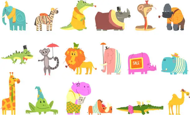 Vector illustration of African Animals With Human Attributes And Clothing Set Of Comic Cartoon Characters