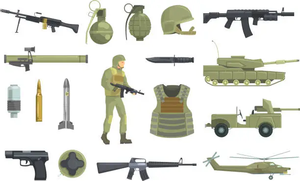 Vector illustration of Professional Army Infantry Forces Weapons, Transportation And Soldier Equipment Set Of Realistic Objects In Khaki Color