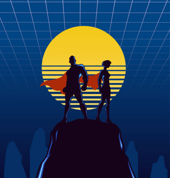 illustrations, cliparts, dessins animés et icônes de illustration de silhouette de couple de super-héros de vector retro des années 80 - computer silhouette cartoon women