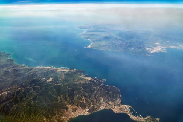 Aerial view of the Strait of Gibraltar connecting Africa and Europe The border between the Atlantic ocean and the Mediterranean sea. The natural border between Spain and Morocco. gibraltar photos stock pictures, royalty-free photos & images