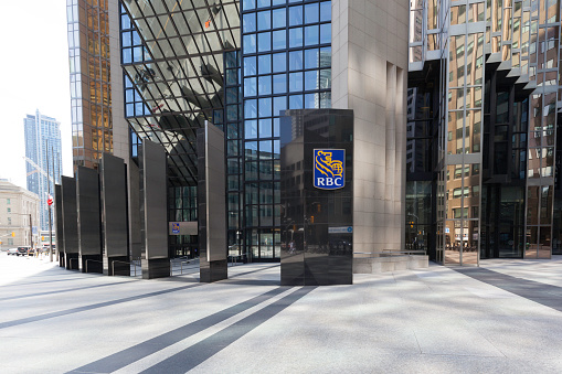 Toronto, Ontario, Canada - May 05, 2018: Sign of RBC (Royal Bank of Canada) at head office in Toronto’s financial district.