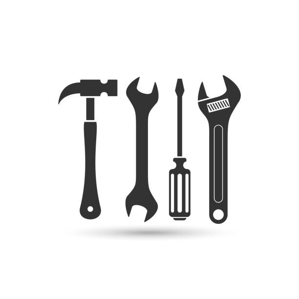 ikona wektora śrubokręta, młotka i klucza - machine part gear industry construction machinery stock illustrations