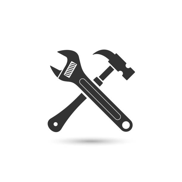 렌치 및 해머 벡터 아이콘 - work tool wrench toolbox hardware store stock illustrations