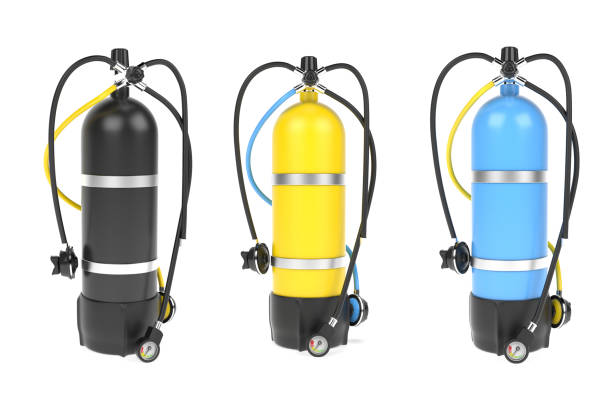 istock Scuba diving air tank with regulator set. Colored set of cylinders. 3d rendering illustration isolated 1163553757