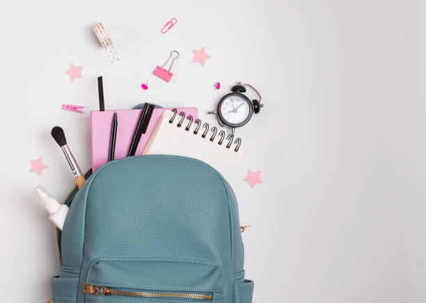 istock Student's backpack with different stationery and study supplies on the white background 1163556679