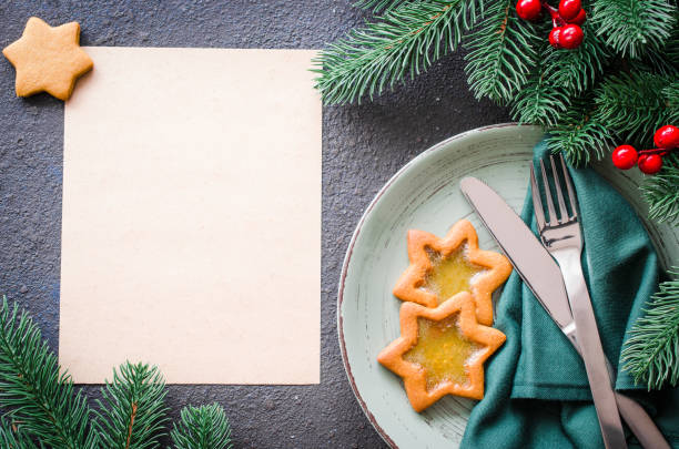 istock Christmas festive table setting with xmas decorations. Christmas background for writing the menu. 1163558602