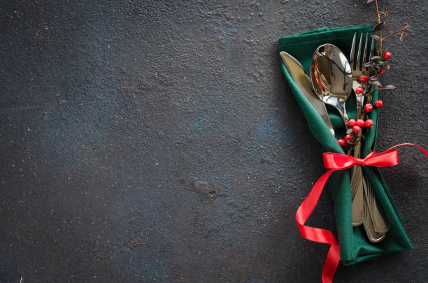 istock Christmas festive table setting with xmas decorations. Christmas background for writing the menu. 1163558681