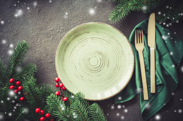 istock Christmas festive table setting with xmas decorations. Christmas background for writing the menu. 1163559564