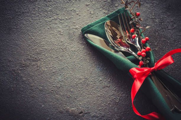istock Christmas festive table setting with xmas decorations. Christmas background in rustic stile. 1163559603