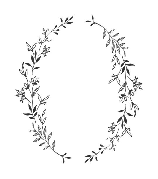 Hand drawn floral oval frame wreath on white background Hand drawn black floral oval frame wreath with space to your text on white background laurel wreath illustrations stock illustrations