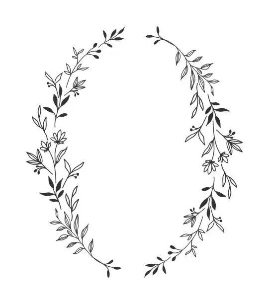 Vector illustration of Hand drawn floral oval frame wreath on white background