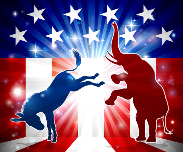 Elephant Fighting Donkey A donkey kicking an elephant in silhouette with an American flag in the background democrat and republican political mascot animals democratic party logo stock illustrations