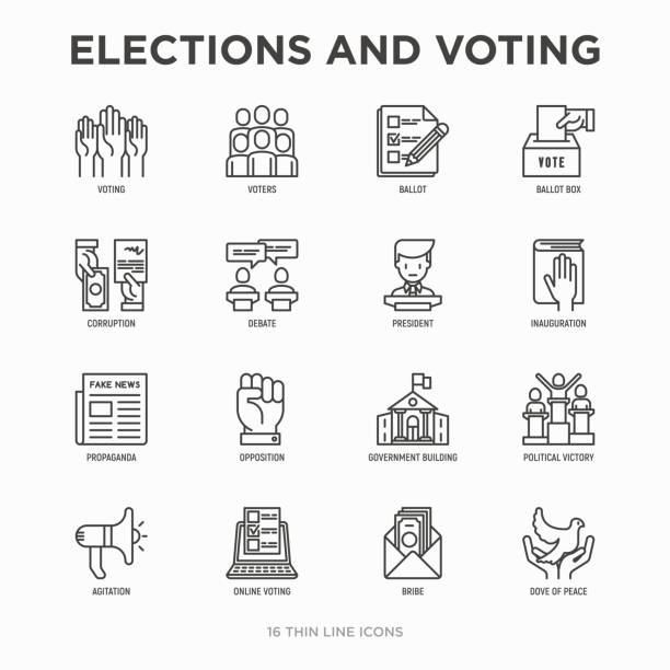 ilustrações de stock, clip art, desenhos animados e ícones de election and voting thin line icons set: voters, ballot box, inauguration, corruption, debate, president, political victory, propaganda, bribe, agitation. modern vector illustration. - interface icons election voting usa